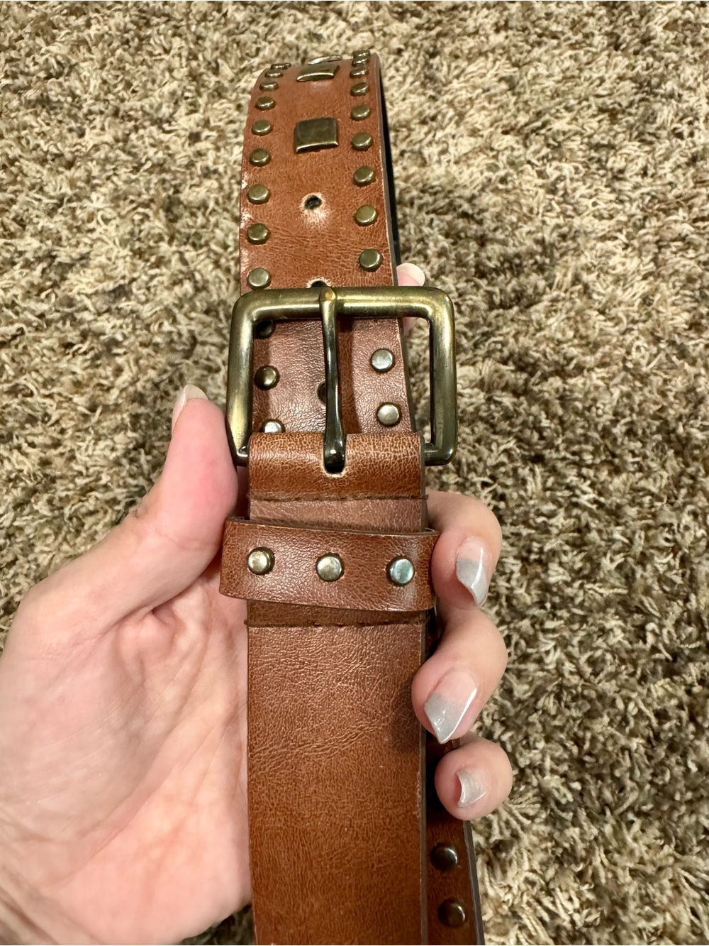 Brown Studded Leather Belt-Brass Studs- Wide Western BOHO- Cognac Brown -1.5